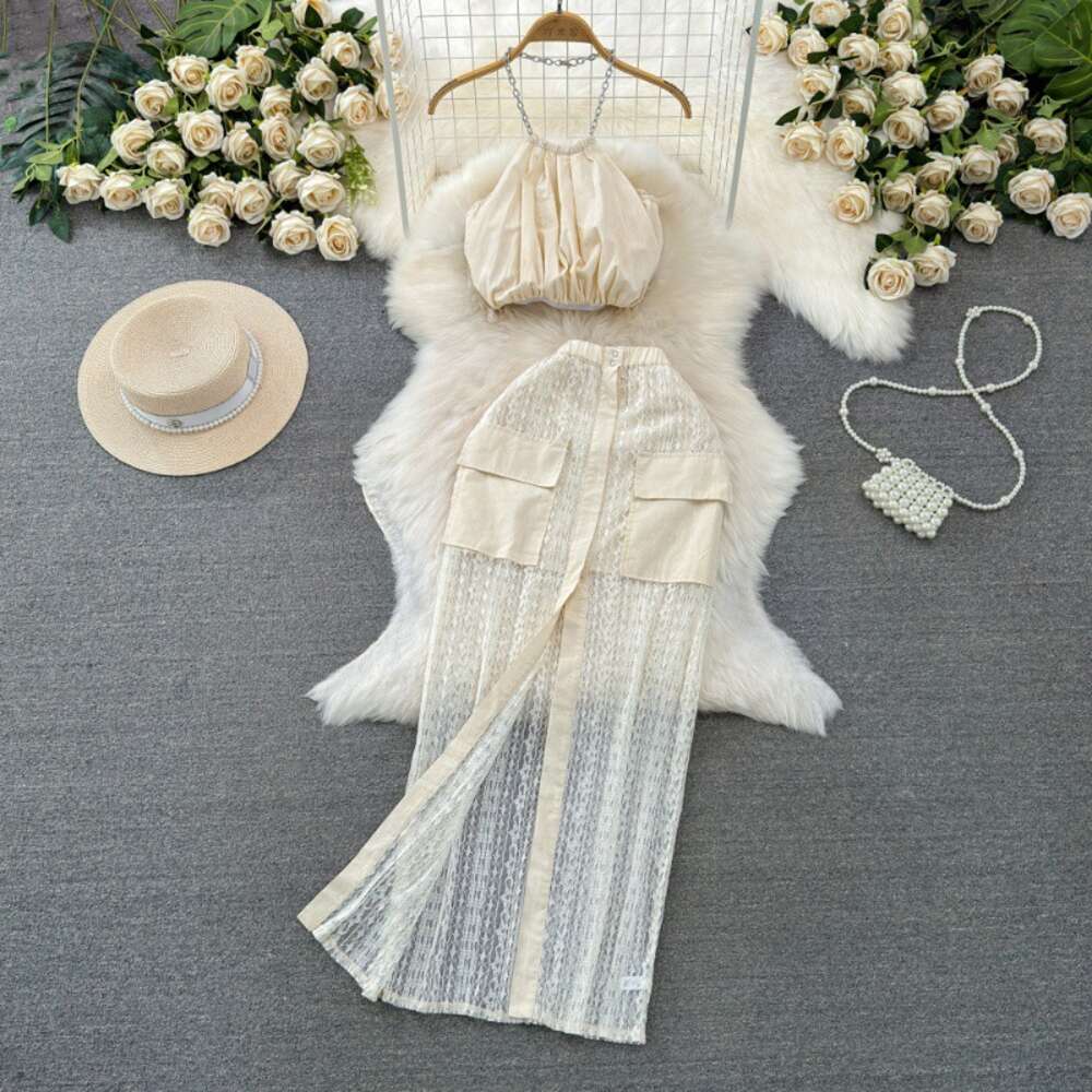 Xian Spicy Girl Sexy and Purely Desired to Travel to the Beach Vacation Hanging Neck Top Wrapped Hip Front Split Half Skirt Two Piece Set for Women