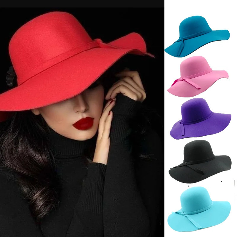 Autumn Winter Vintage Floppy Hat Women Elegant Felt Fedora Hat Wide Brim Sun Cap British Style Fedoras Felt Floppy Hats 240527