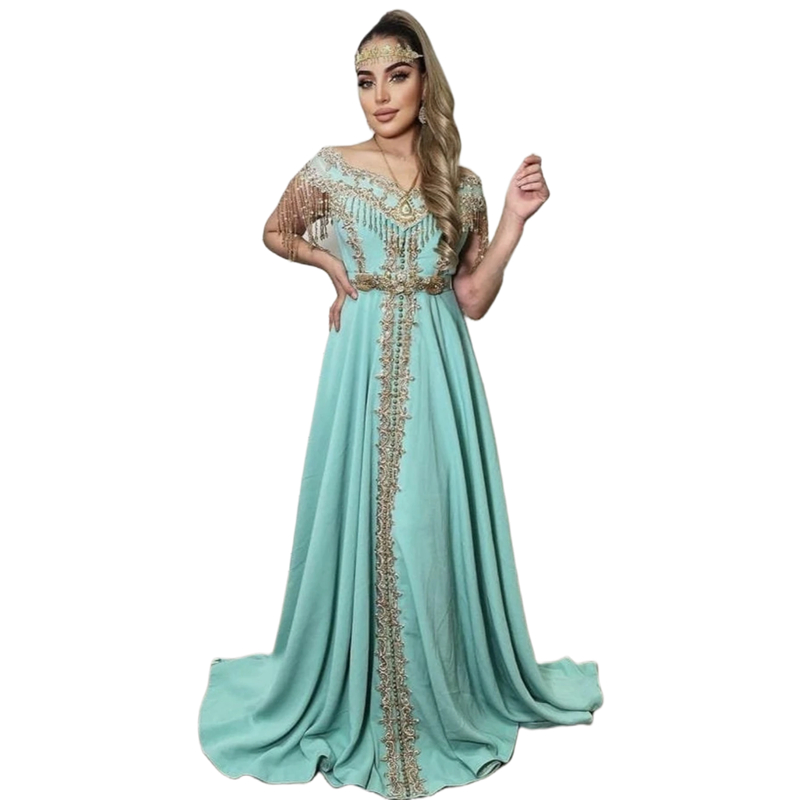 Elegant Full Length Caftan Arabic Evening Dresses A-Line Gold Appliques Beading Tassel Long Prom Dress For Women 2024 Dubai Kaftan Chic Formal Occasio