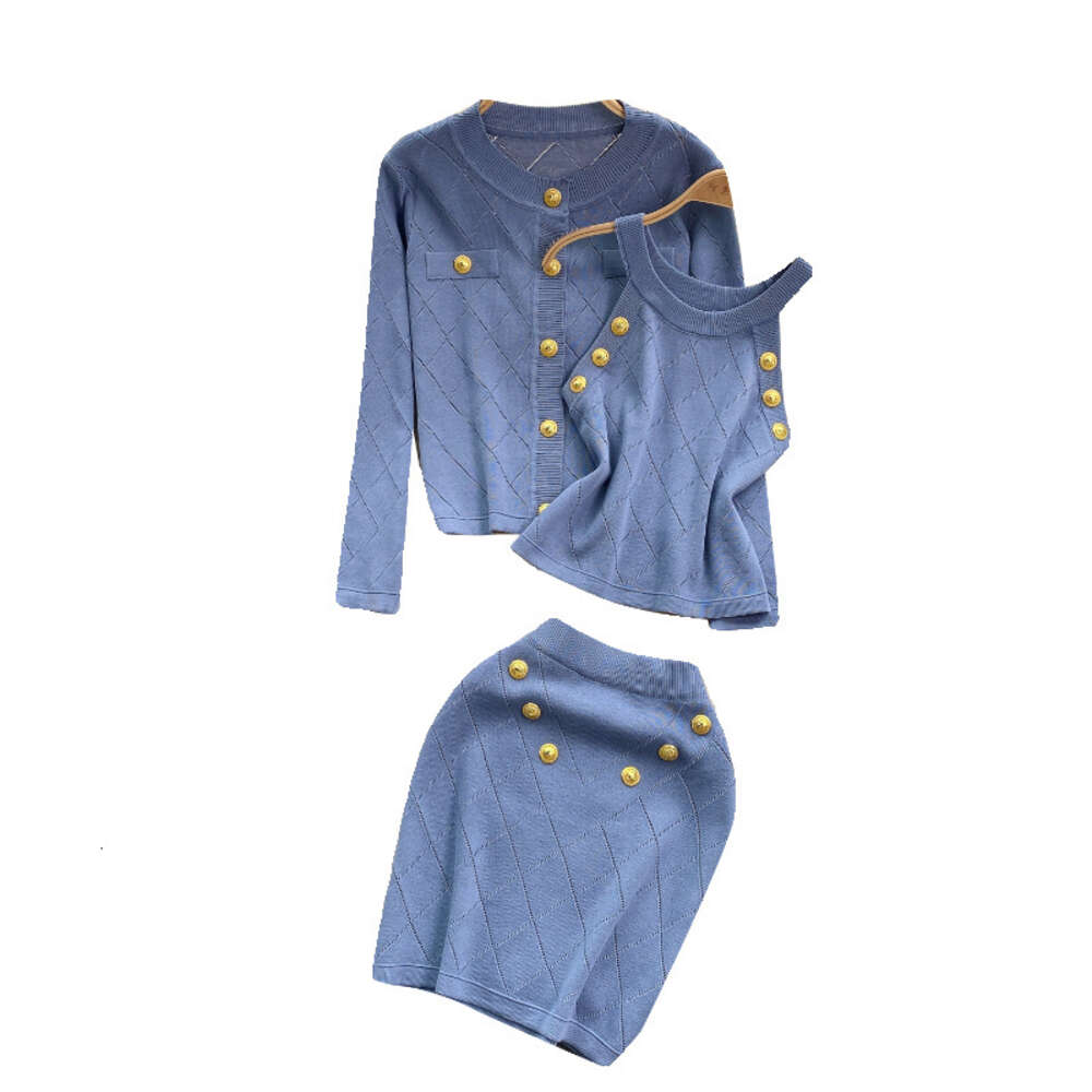 Small Fragrance Set Design Sense Metal Double breasted Hanging Neck Tank Top Knitted Cardigan Versatile Half Skirt Three piece Set Trendy