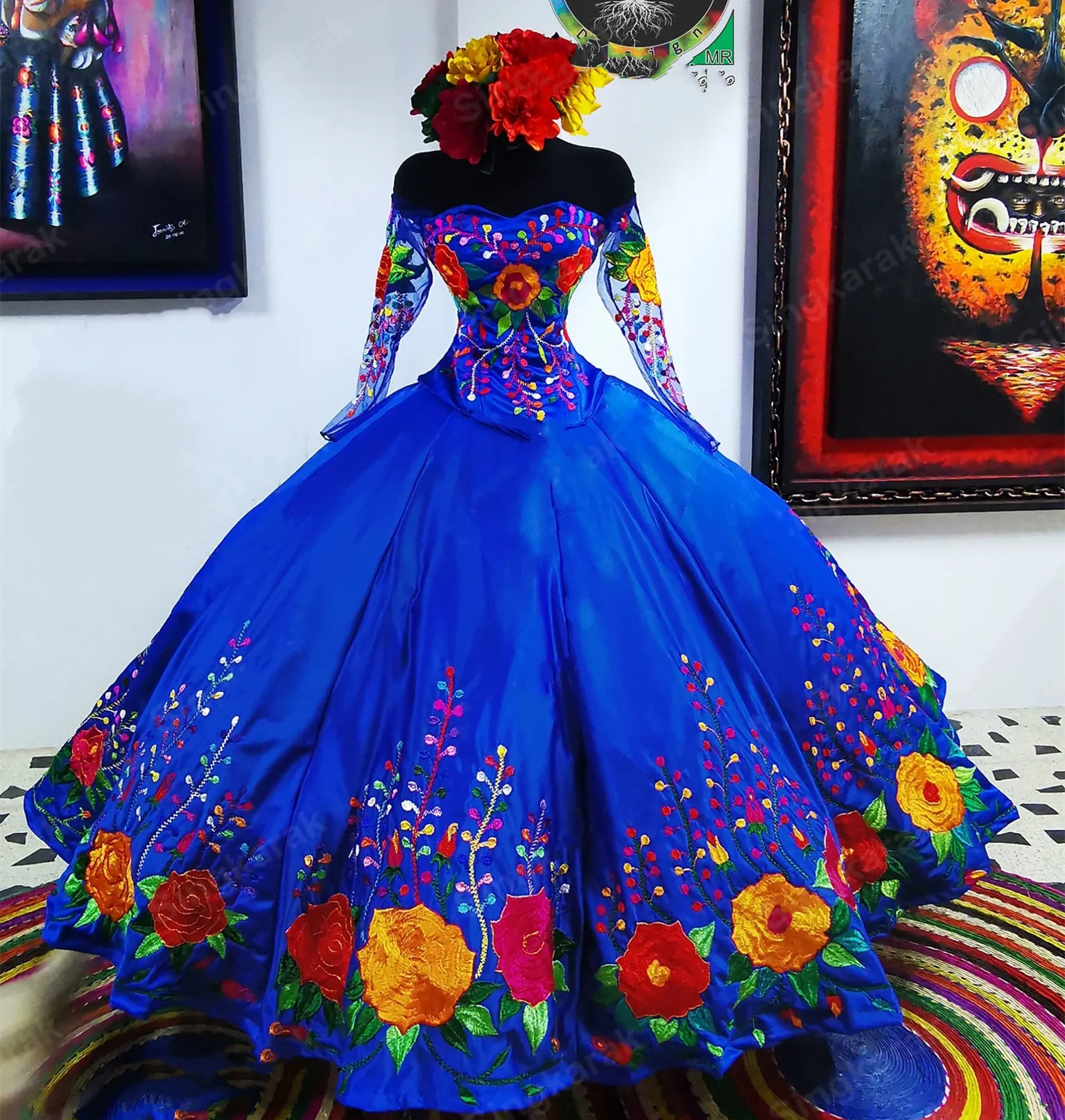 2026 Vintage Royal Blue Mexican Quinceanera Dresses Flower Embroidered Satin Charro Sweet 16 Dress Off The Shoulder Illusion Long Sleeve Embroidery Ve