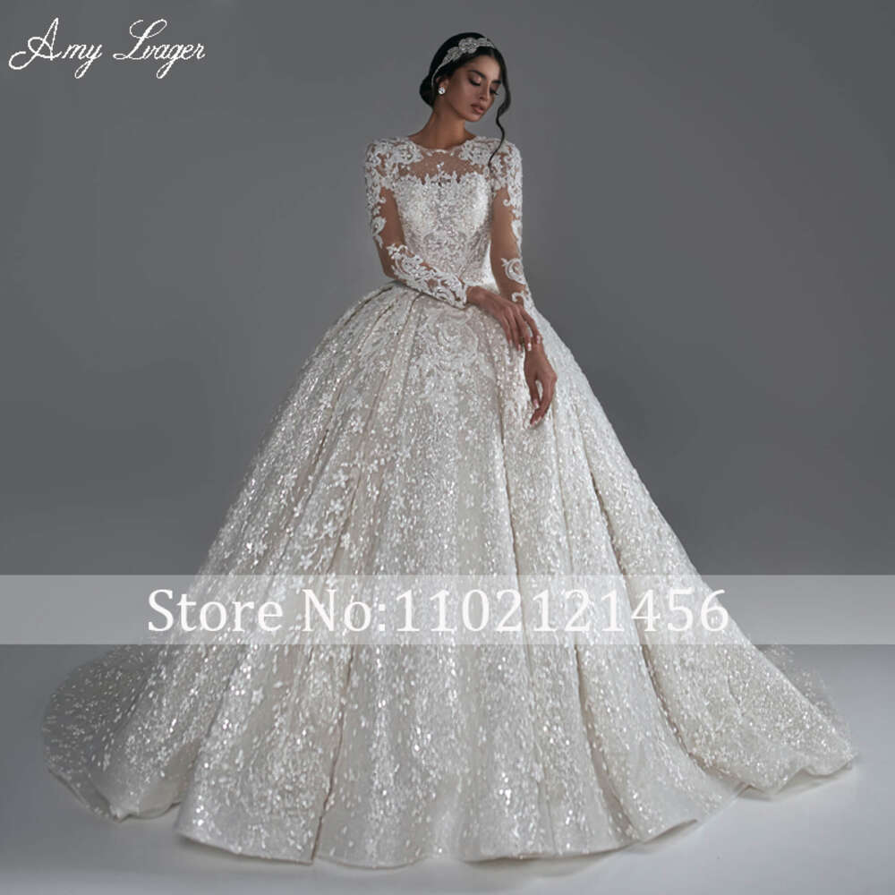 Amyager Classic O-Neck Long Sleeve Ball Wedding Dress 2024 Beading Appliques Lace Court Train Princess Bridal Gown