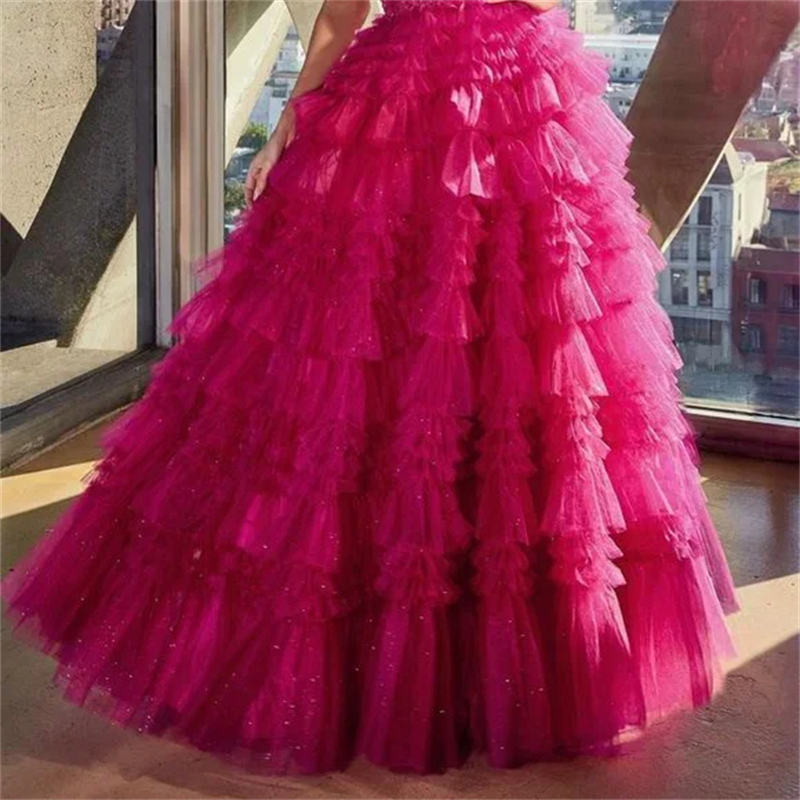 Shiny Fuchsia Tiered A-Line Evening Dresses Spaghetti Straps Long Ruffle Prom Dress For Women Lace Appliques Floor Length Sexy Special Occasion Gown V