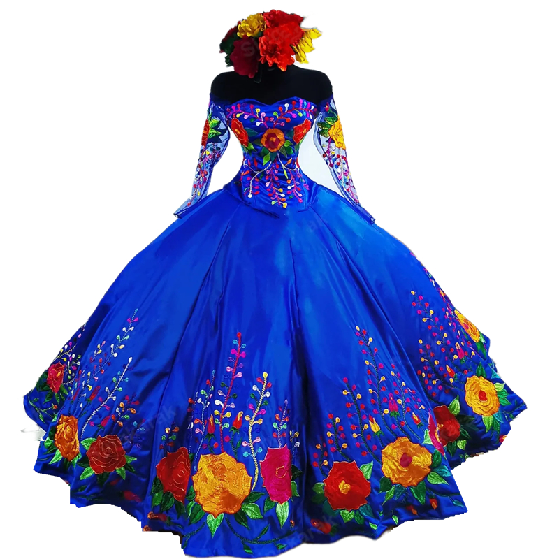 2026 Vintage Royal Blue Mexican Quinceanera Dresses Flower Embroidered Satin Charro Sweet 16 Dress Off The Shoulder Illusion Long Sleeve Embroidery Ve