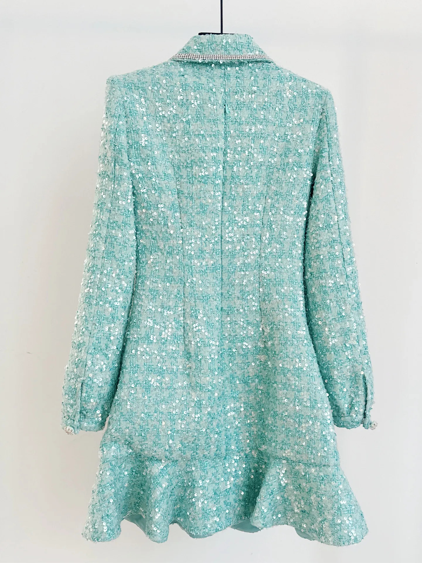 Women Single Breasted Green Tweed Mini Dress Long Sleeve Diamond Decoration Ruffle Pockets Spring Lady Sequin Robe 240529