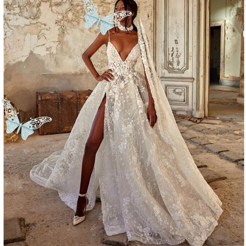 Sexy Backless Floral Wedding Dresses Simple High Side Split Saudi Arabic Sleeveless Applique Bridal Gowns Custom Made Vestios De Novia