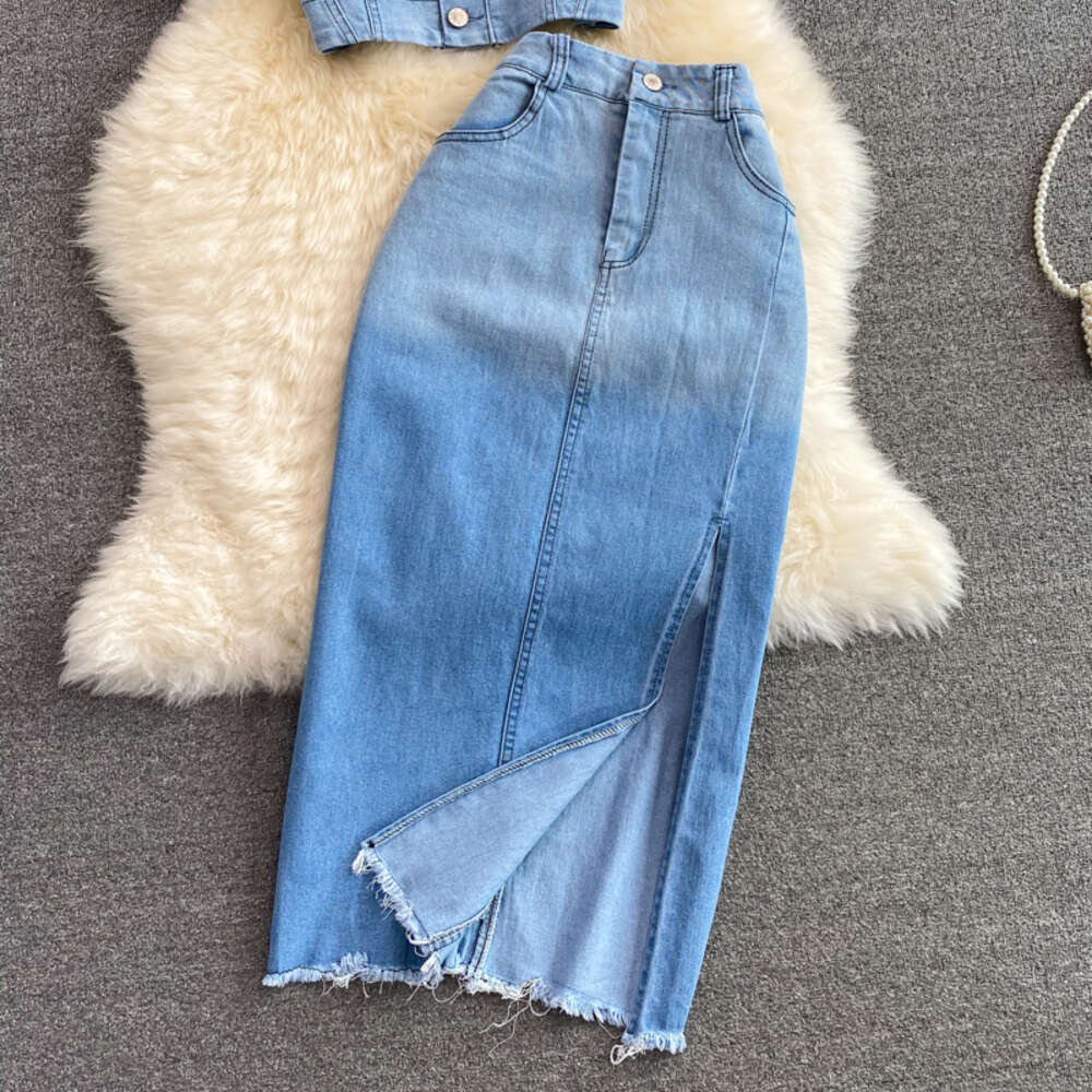 Xia Jians color changing high waist A-line mid long side split denim skirt womens two-piece suit square neck jacket