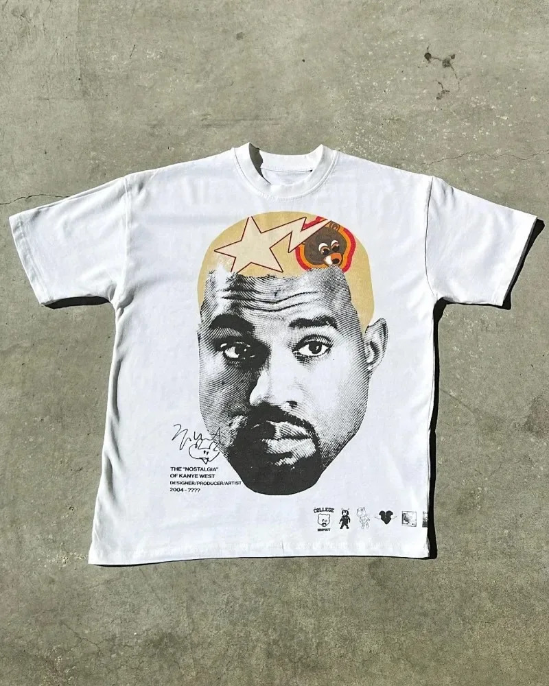 y2k top Street vintage portrait big head print short sleeve T-shirt Men summer Harajuku fashion loose oversized T-shirt 240530