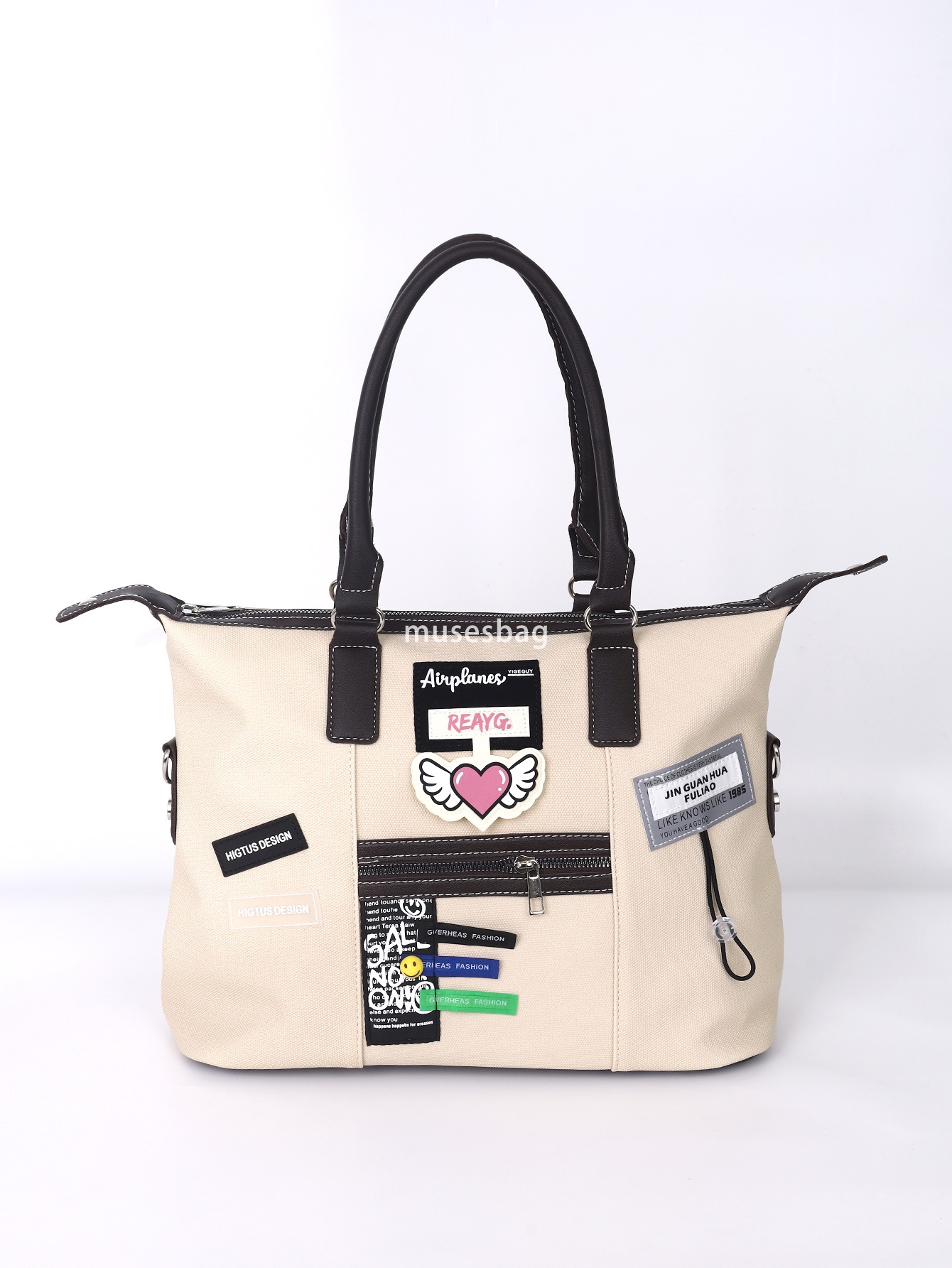 Women's and men's large capacity zippered PU canvas handbag, adjustable shoulder strap, travel shopping bag, student retro casual large capa