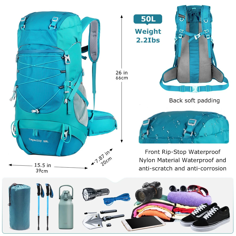 WESTTUNE 50L Hiking Backpack with Rain Cover Multifunctional Mountaineering Bag Outdoor Rucksack for Travel Trekking Camping 240601