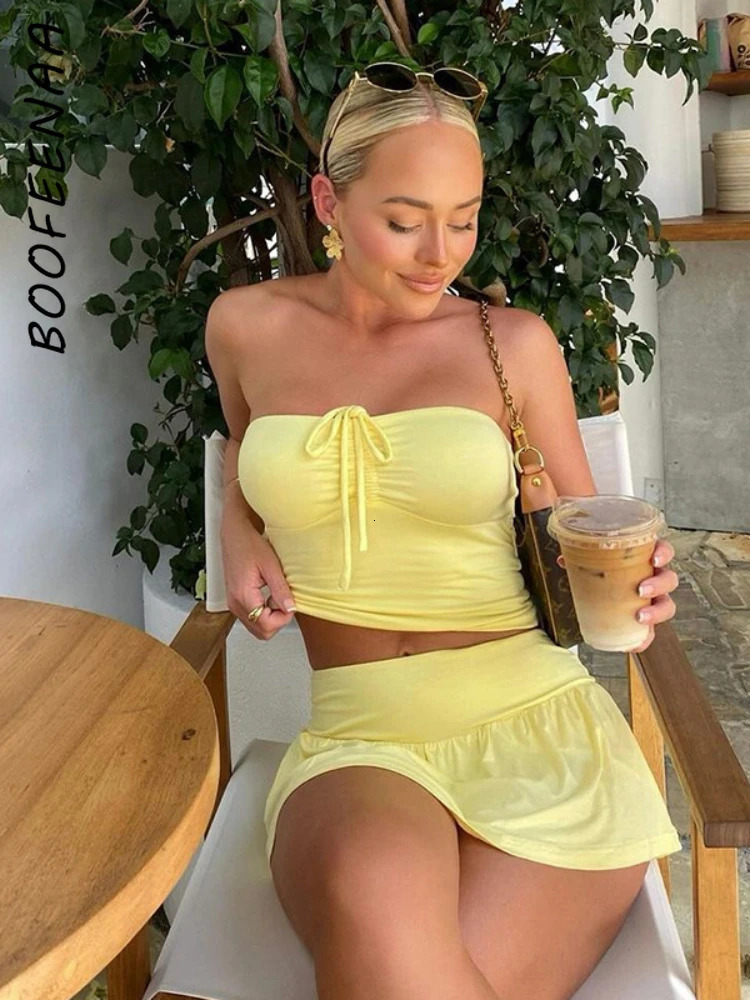 BOOFEENAA Sexy 2 Piece Set Women Summer Vacation Outfits Going Out Dress 2024 Tube Top and Mini Skirt Matching Sets C85CC20 240601