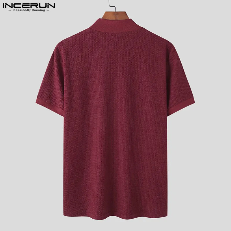 Casual Simple Style Tops INCERUN Men Knitting Pit Strip Camiseta Stylish Solid Half High Collar Short Sleeve T-shirts S-5XL 240530