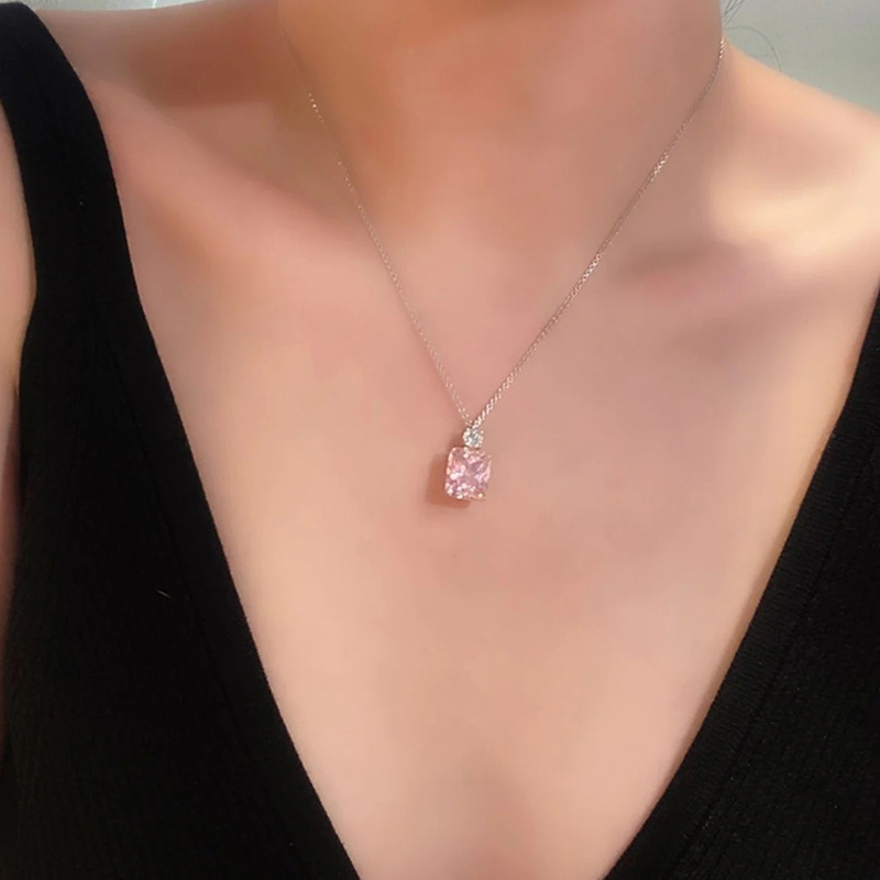 Sterg Sier Chain Pendant Necklace Women, Pink Square Dia Designer Jewelry with Cubic Zirconia Crystals Heart Cross Drop Charm, Gift for Her 4