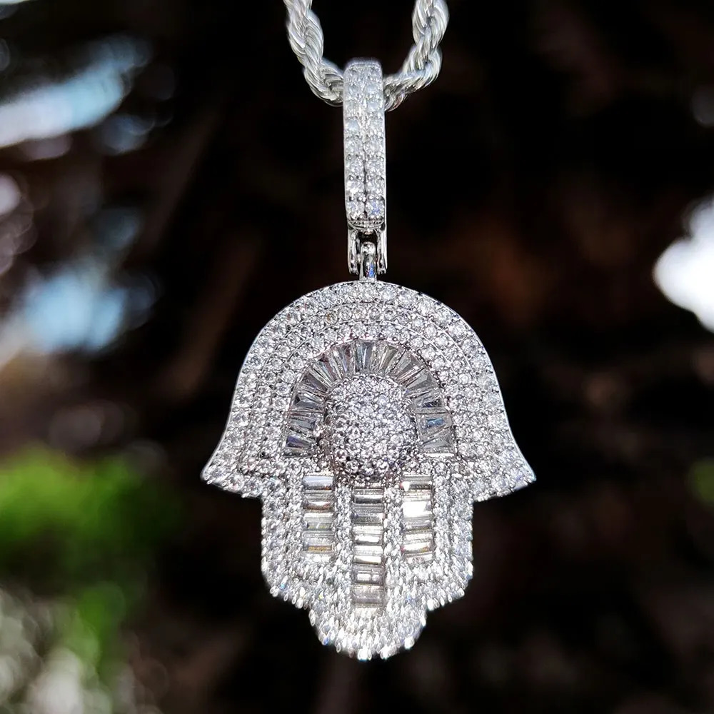Iced Out 5A CZ Pave Hamsa Hand Fatima Pendant Necklace for Women Men Hip Hop Jewelry 240531