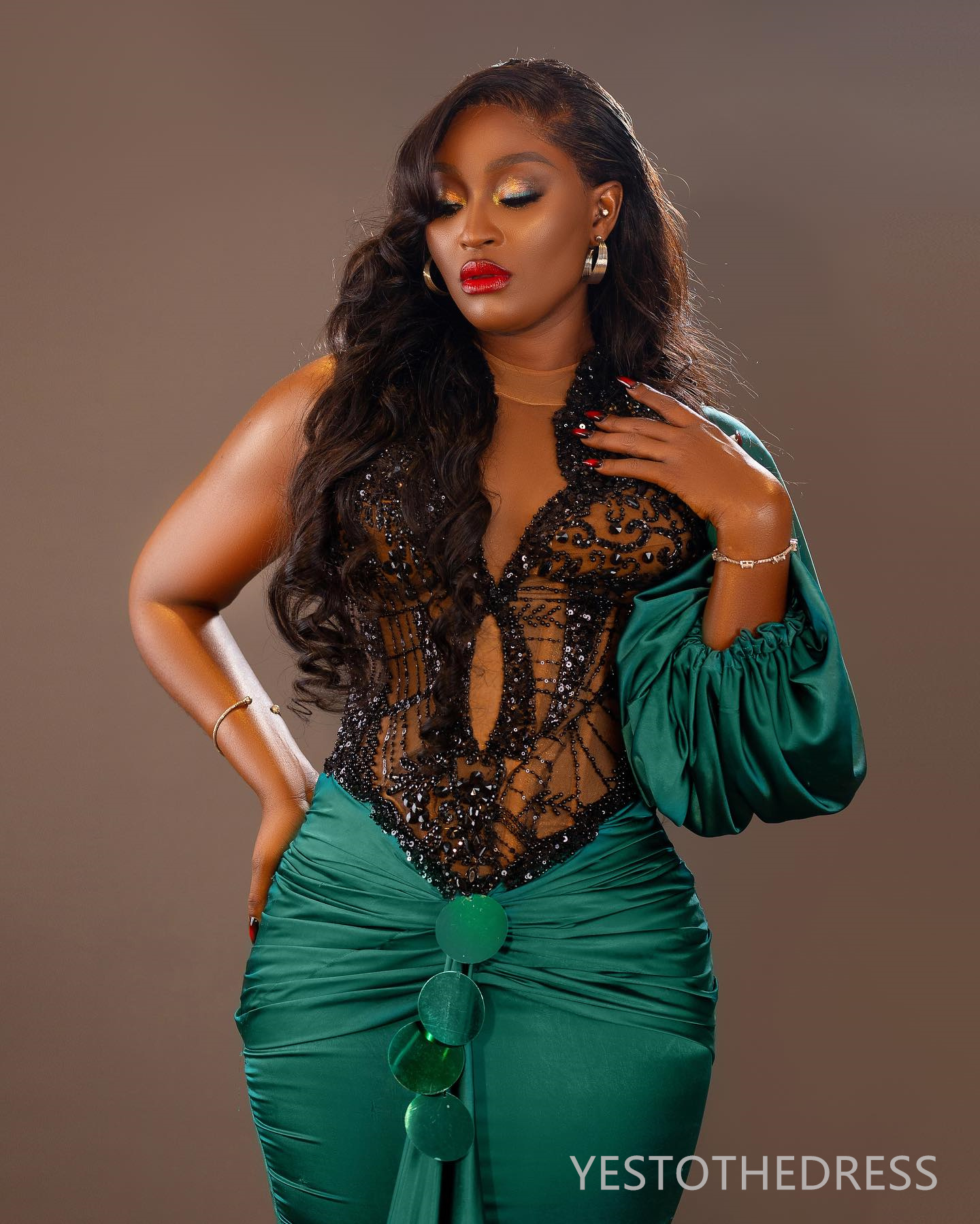 2024 Emerald Green Evening Dress Prom Dress Mermaid Promdress High Neck Long Sleeves Appliqued Beaded Lace Illusion Birthday Dress Vestido De Sorrie G