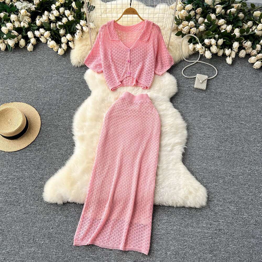 Korean style womens sweet hollow out short knitted cardigan top+high waisted slim fit wrap hip skirt two-piece set
