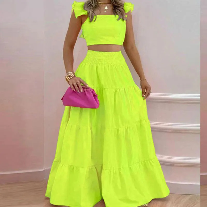 Sexy WomenS Solid Color Mid Rise Suspender Large Swing Skirt Two Piece Fashion Elegant And Pretty Women Dresses Summer Set Dres 240601