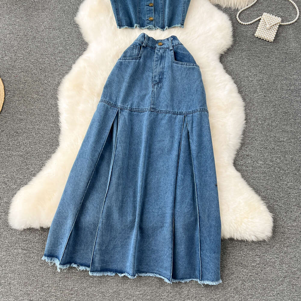 American style denim suit womens spicy girl style short suspender vest versatile high waisted skirt fashionable two-piece set