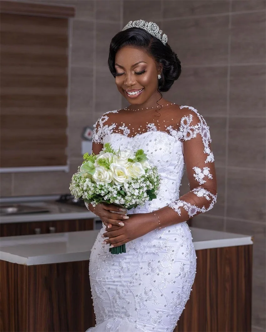 African Luxury Beading Mermaid Wedding Dress Long Sleeve Appliques Pearls Bridal Gowns Plus Size Black Bride Vestido de Noiva Formal Brides Wears