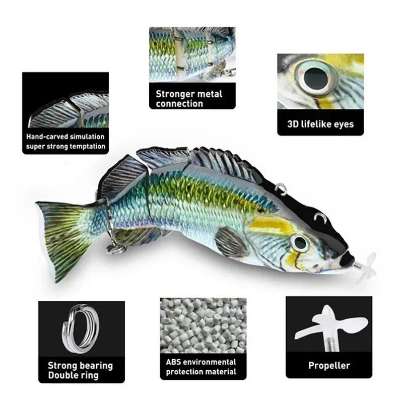 13CM Robotic Fishing Lure Electric Auto Swimming Bait 4-Segment Wobbler Outdoor Sport Swimbait USB Rechargeable Accessories 240603