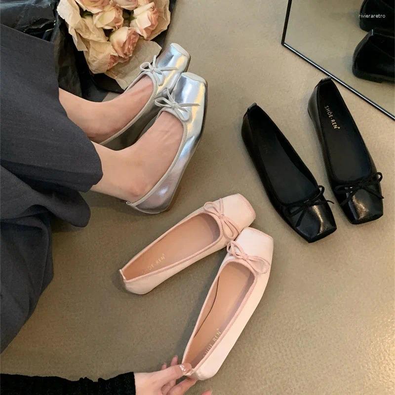 Casual Shoes 2024 Summer Flat Ballet Flats Elegant Comfortable Bow Square Toe Single Ladies