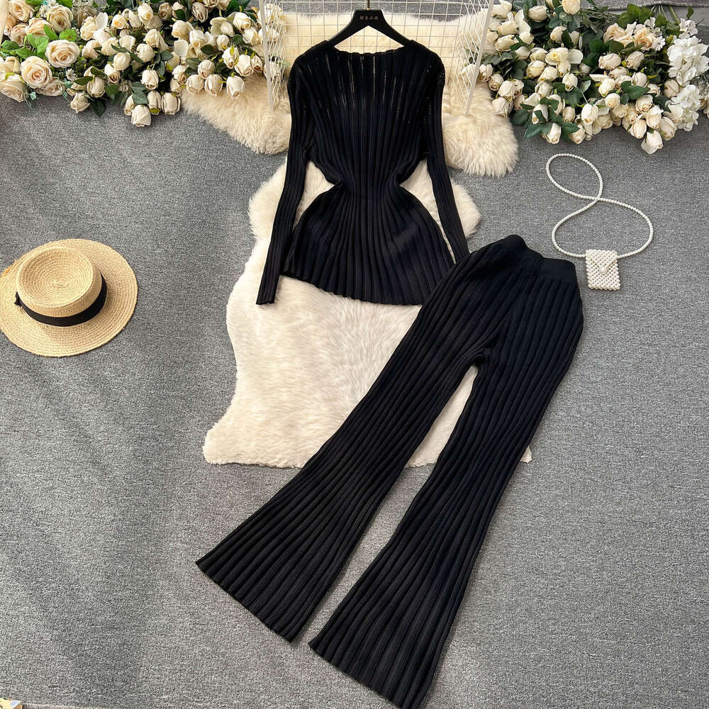 Fashion Set Feminine Style Age Reducing Stripe Knitted Irregular Top Elastic Waist Elastic Wide Leg Pants Fashion