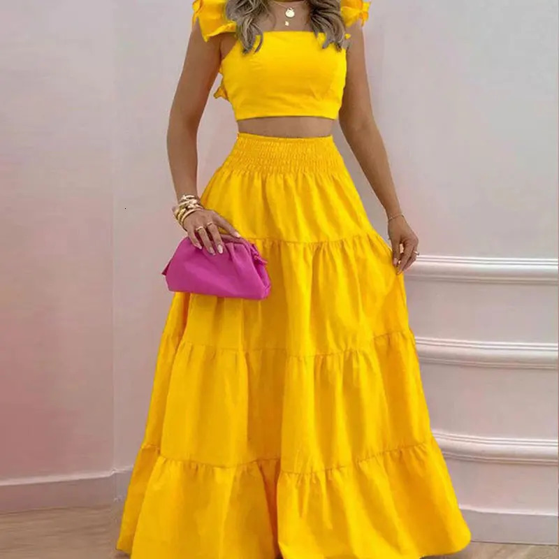 Sexy WomenS Solid Color Mid Rise Suspender Large Swing Skirt Two Piece Fashion Elegant And Pretty Women Dresses Summer Set Dres 240601