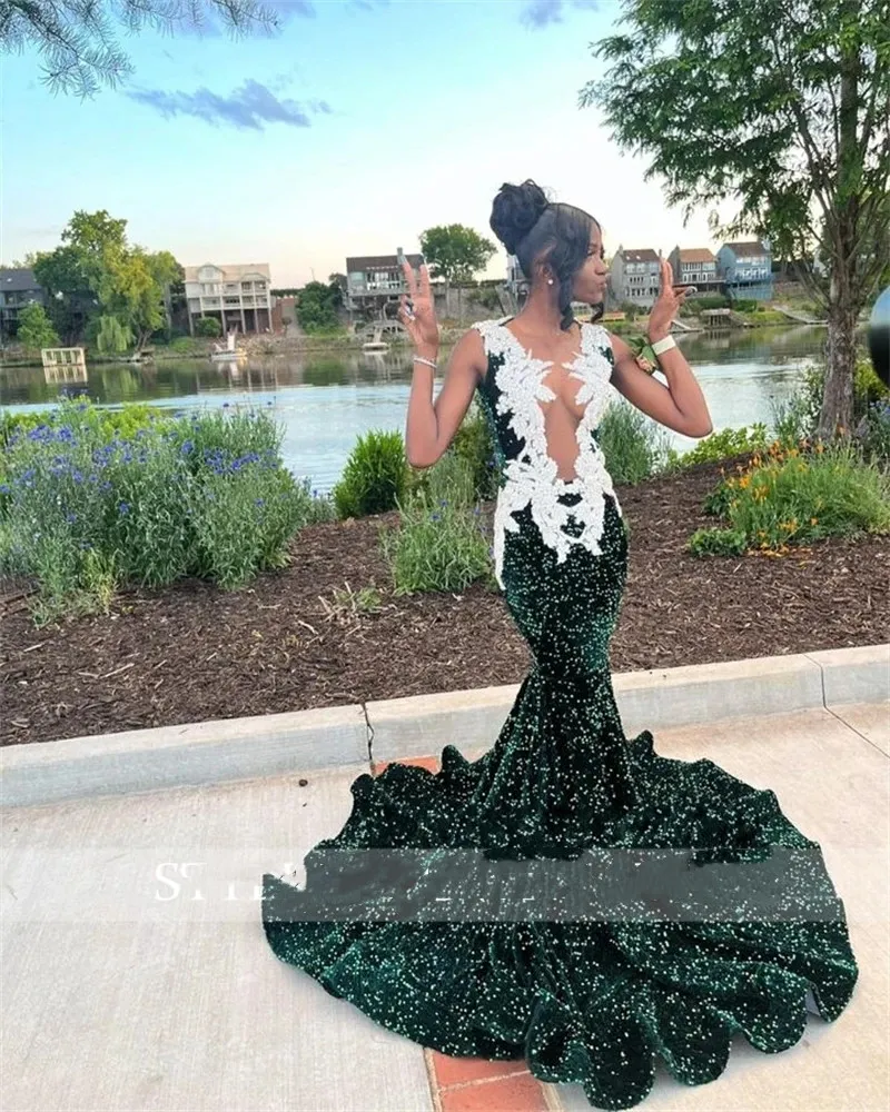 Green Dark Sequins Sheer O Neck Long Prom Dress For Black Girls Sequined Birthday Party Dresses Appliques Evening Gowns Mermaid Robe De Es 0219