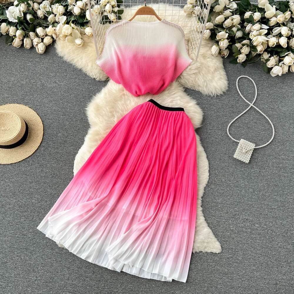 Crowd design gradually changing color suit for womens spring ins slim fit versatile top high waisted pleated skirt