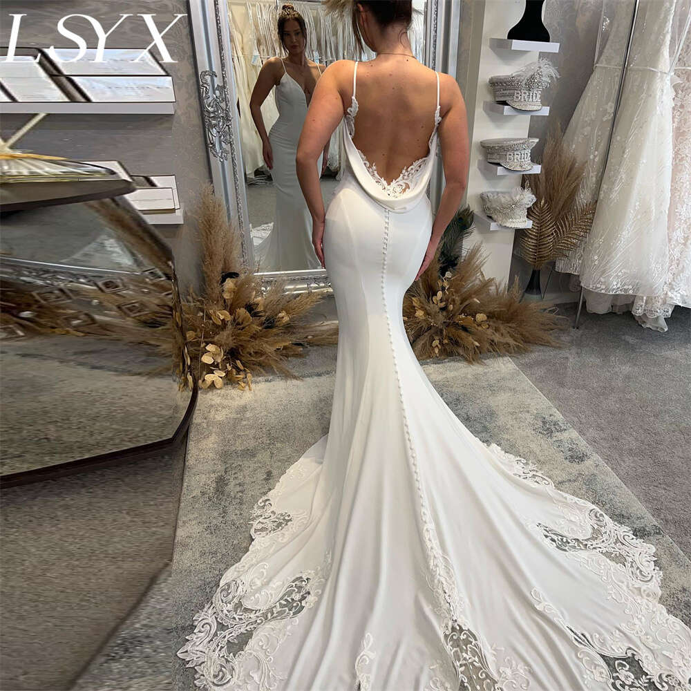 LSYX Deep V-Neck Sleeveless Crepe Mermaid White Wedding Dress 2024 Spaghetti Straps Backless Lace Bridal Gown Custom Made