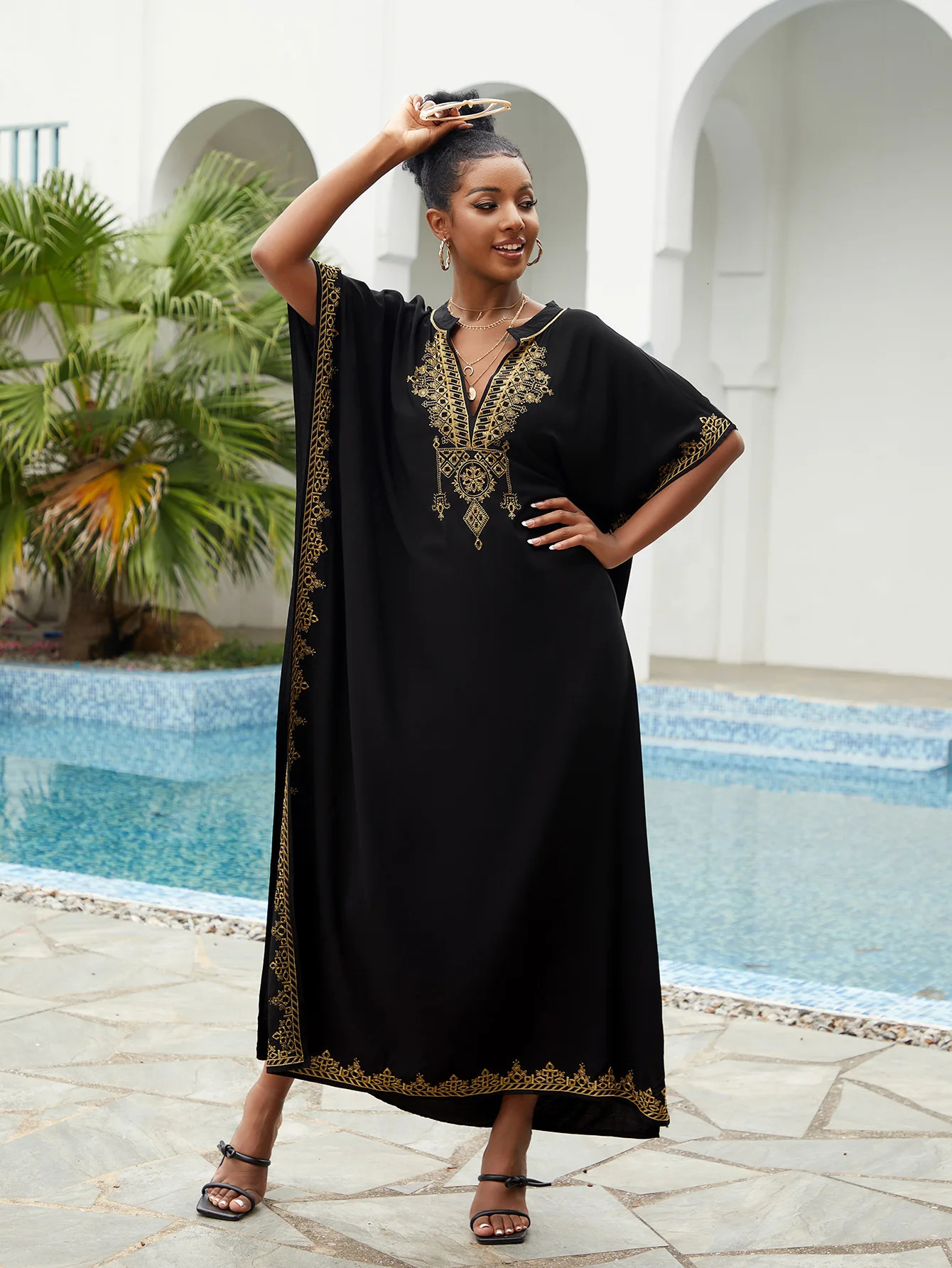 Boho Embroidery Sexy V Neck Long Dress For Women Summer Autumn Loose Oversize Kaftan Beachwear Maxi Dresses Q1545 240529