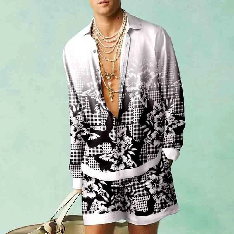 Casual Hawaiian Beach Set Men Outdoor 3D Koi carp print Abstract Long Sleeve Shirt 2Pcs Set of Breathable Loose Beach Shorts Set 240530