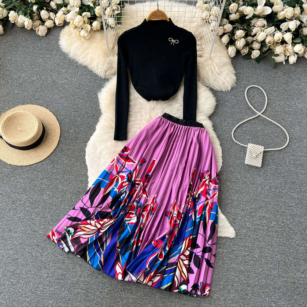 Ethnic Style Two Piece Set Womens Autumn Half High Neck Long Sleeve T-shirt Top Printed Hundred Pleated Half Body Skirt