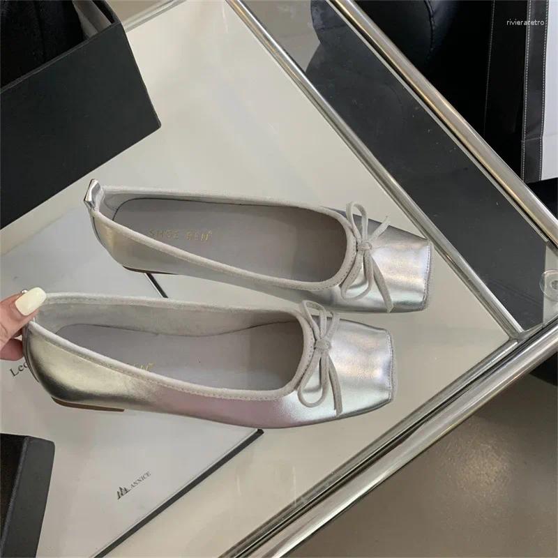 Casual Shoes 2024 Summer Flat Ballet Flats Elegant Comfortable Bow Square Toe Single Ladies