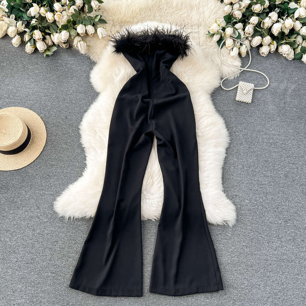 High end and fashionable flared pants for women with a sense of luxury and design plush strapless jumpsuit