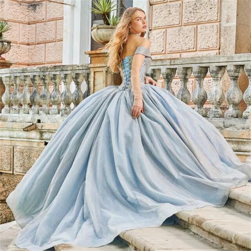 Sky Blue Mexican Quinceanera Dresses Ball Gown Off The Shoulder Sequins Crystals Puffy Charro Sweet 16 Dresses 15 Anos
