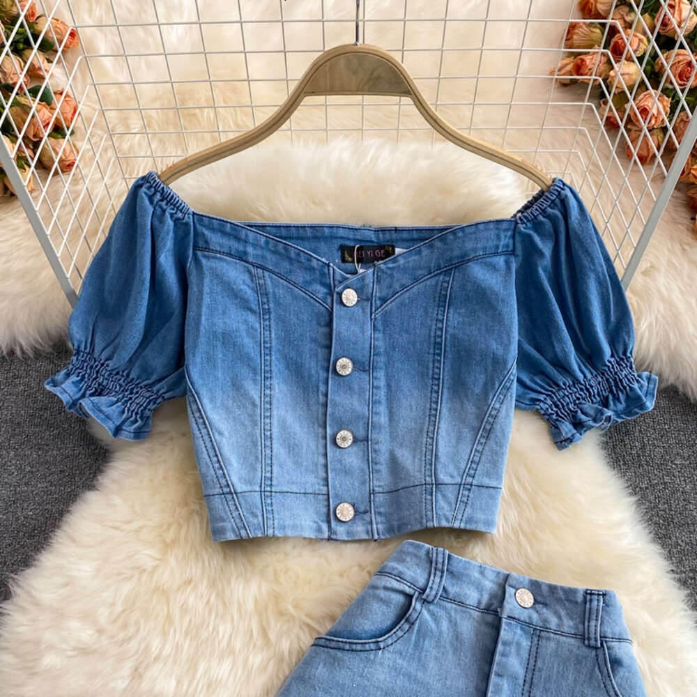 Xia Jians color changing high waist A-line mid long side split denim skirt womens two-piece suit square neck jacket