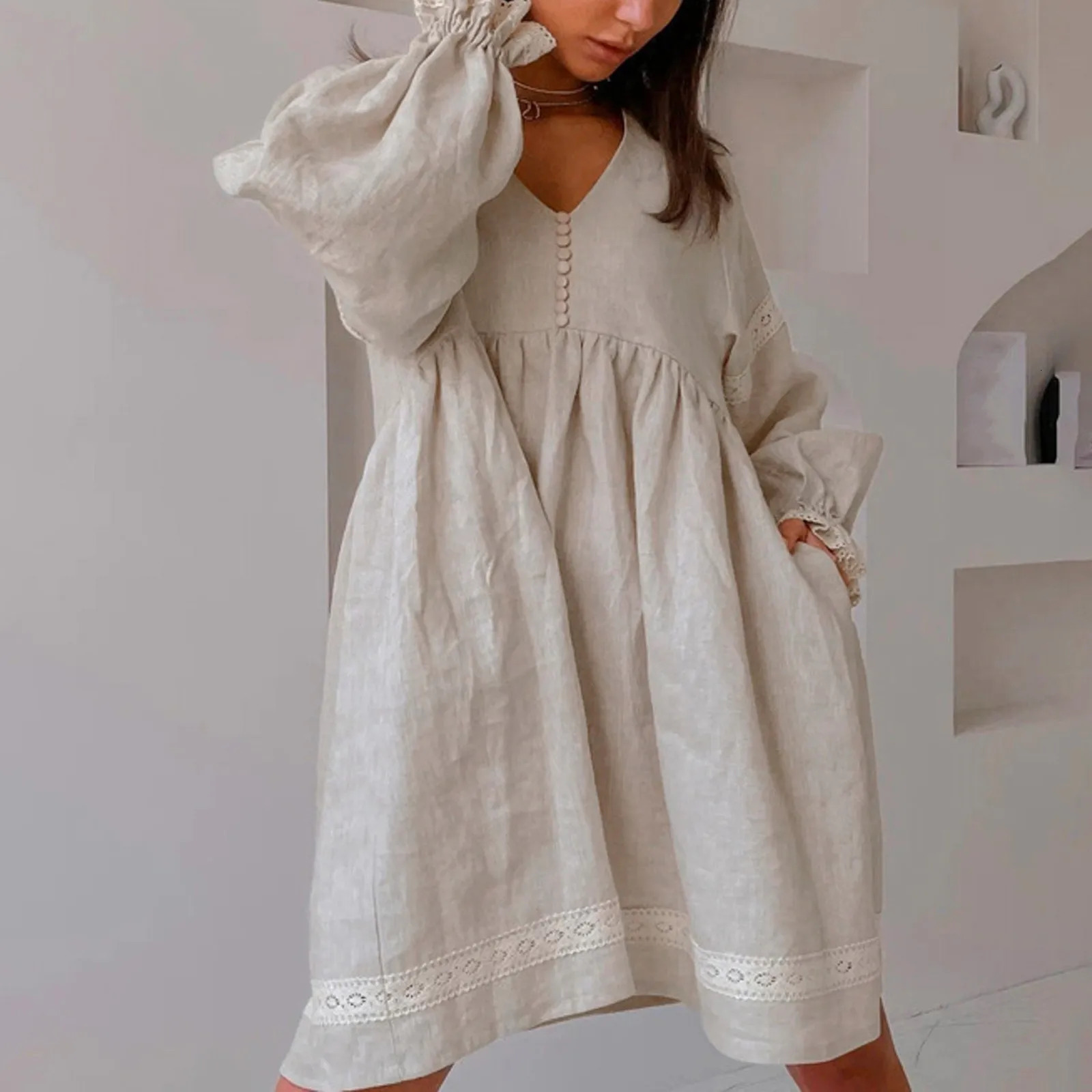 Spring Dresses For Women Solid Color Long Sleeve V Neck Cotton Linen Lace Trim Sundresses For Women Boho Dresses For Girls 240529