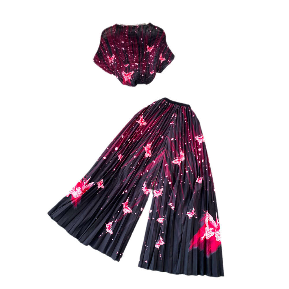 Fashionable suit for women light and mature style three houses wrinkled short sleeved stand up collar slim fit printed top two-piece set of high waist