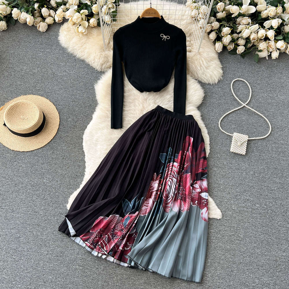 Ethnic Style Two Piece Set Womens Autumn Half High Neck Long Sleeve T-shirt Top Printed Hundred Pleated Half Body Skirt