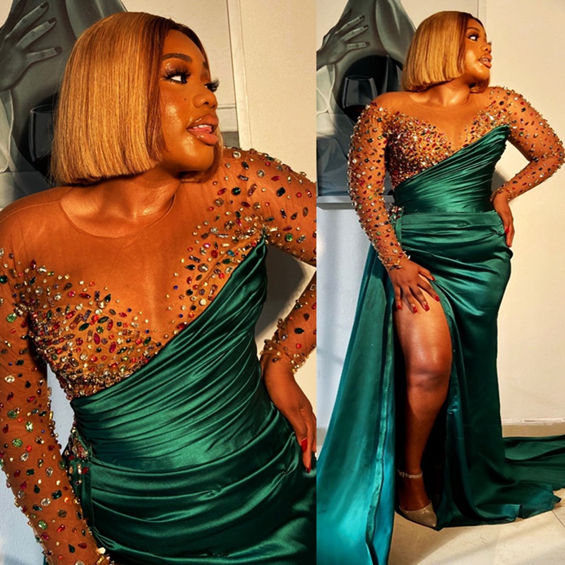 2024 Green Evening Dress Prom Dress Mermaid Promdress Long Sleeves Sheer Neck Colorful Rhinestones Decorated Sexy Side Split Birthday Gowns Abenkleide