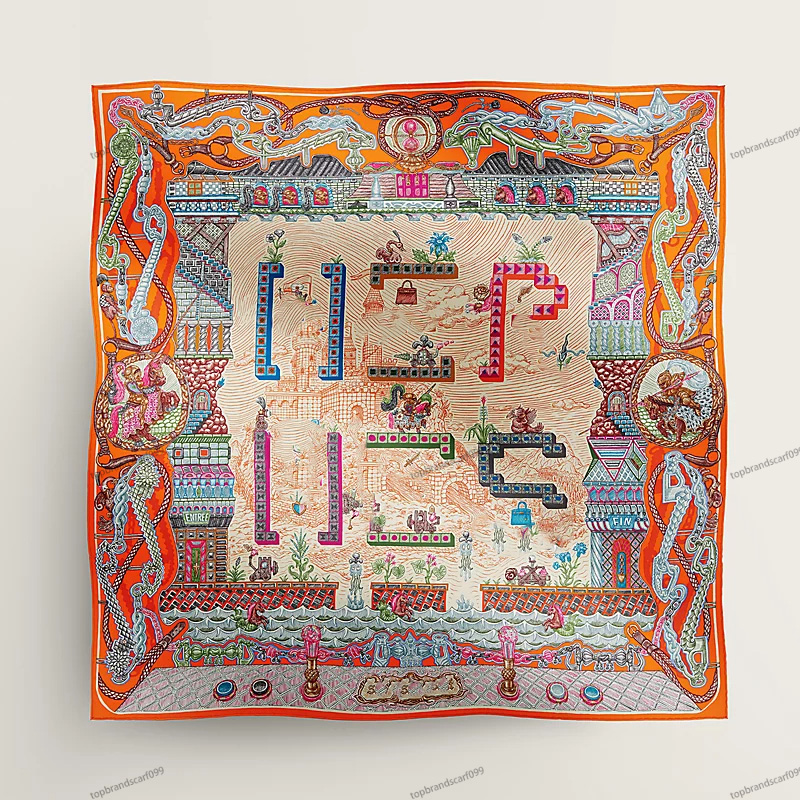 New Designer Silk scarf H High quality square silk scarf girl Bright color ring headband H Top Brand letters Classic bag pattern chain buckle Luxury 90x90cm