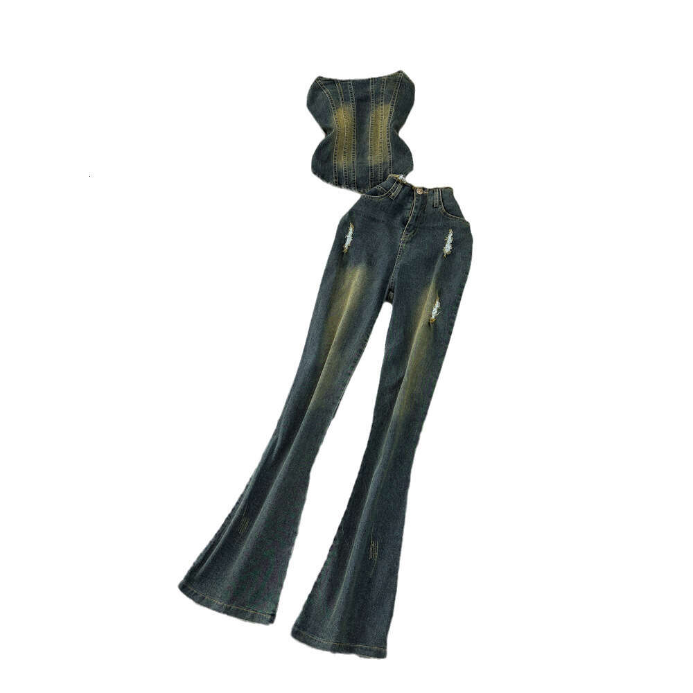 Fashion set womens American denim strapless vest two-piece set with high waist slimming and slightly drooping denim pants