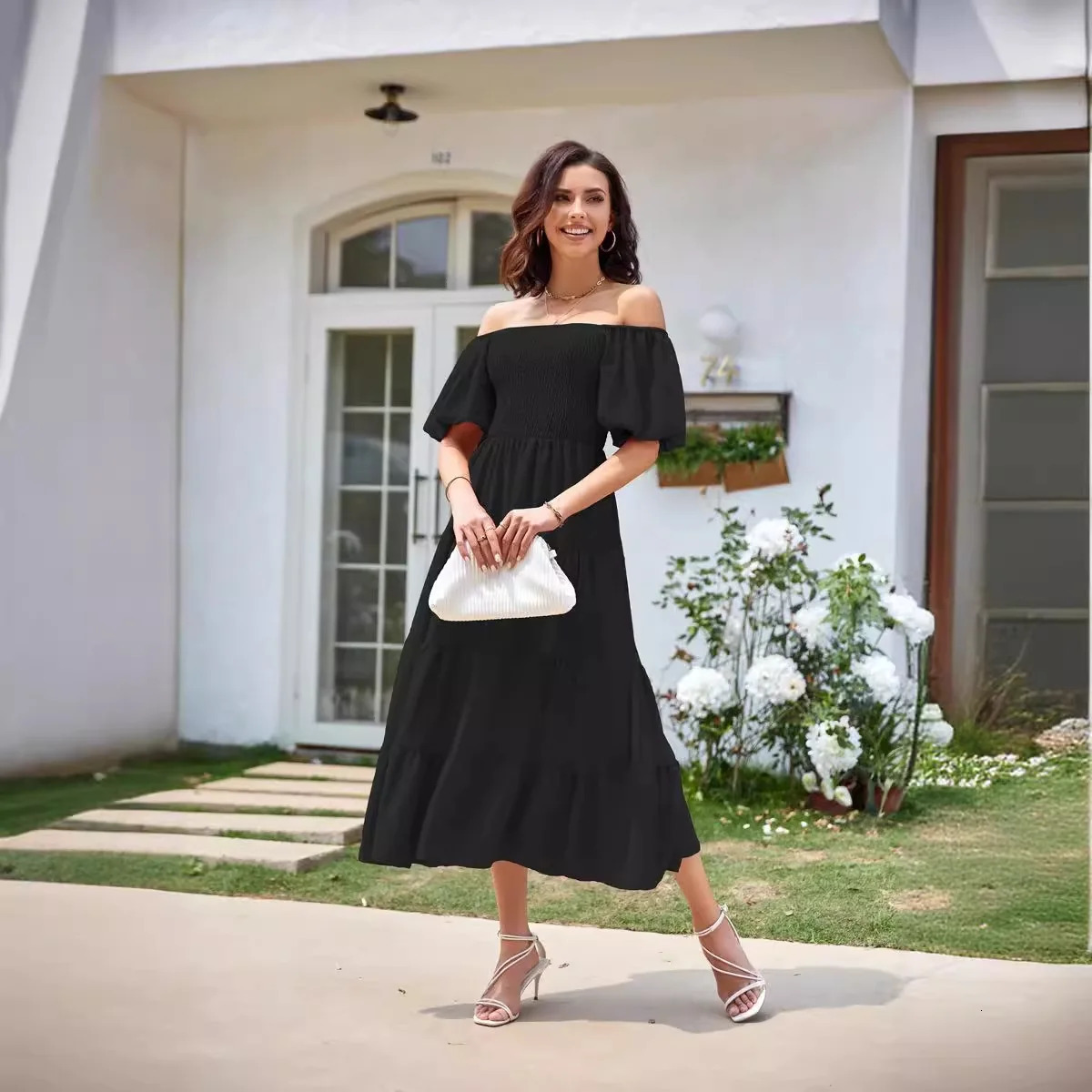 Summer Boho Smocked Maxi Dresses for Women Casual Puff Sleeve Square Neck A Line Tiered Ruffle Long Beach Dresses 240529