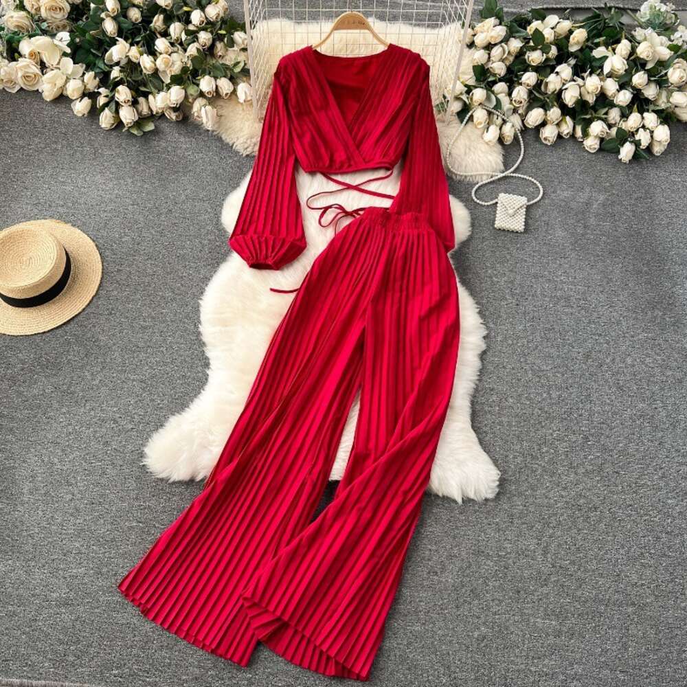 Womens 2024 New Spring Heavy Industry Pleated Bubble Sleeve Top+Wide Leg Pants Two Piece Set