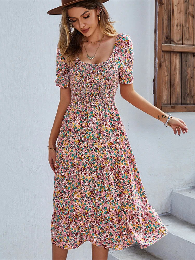 Ladies Sexy Vintage Floral Print Boho Summer Dress Women Casual Elastic Bohemian Beach Dress Women Sundress Robe Vestidos Female 240529