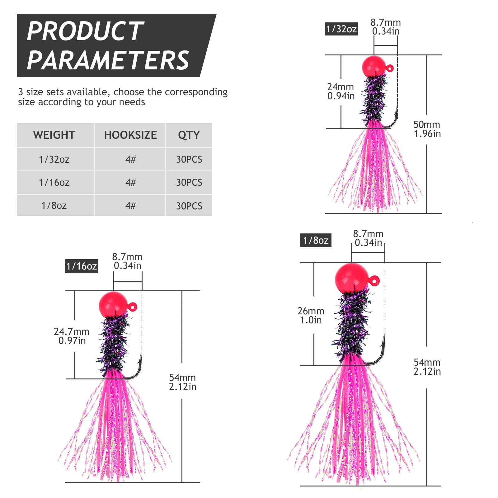 30pcs/set Crappie Jigs Feather Marabou Jigs Heads Hair Jigs for Walleye Panfish Bass Fishing Lure Kit 1/32 1/16 1/8oz 240603