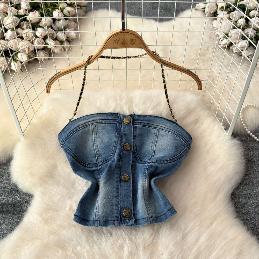 Spicy Girl Beautiful Back Cowboy Bra Womens Summer Blue Bra Short Strap Tank Top Open Navel Top Trendy Outwear