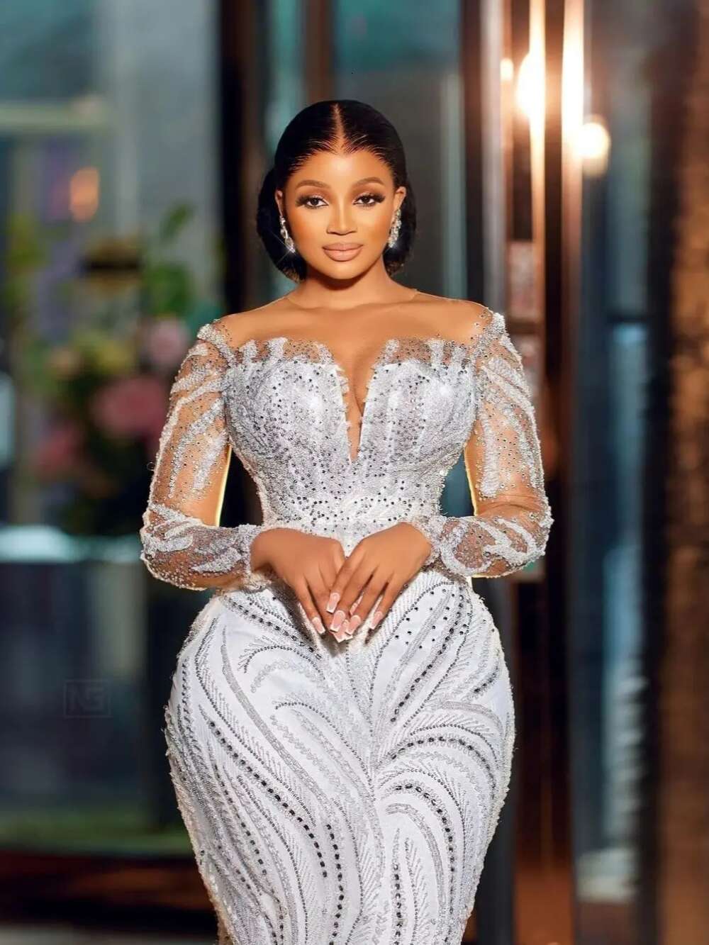 Modest Long Sleeve Bridal Dress Sparkly Sequins Rhinestones Wedding Gown 3D Flower Mermaid Bride Robe Vestido De Novia