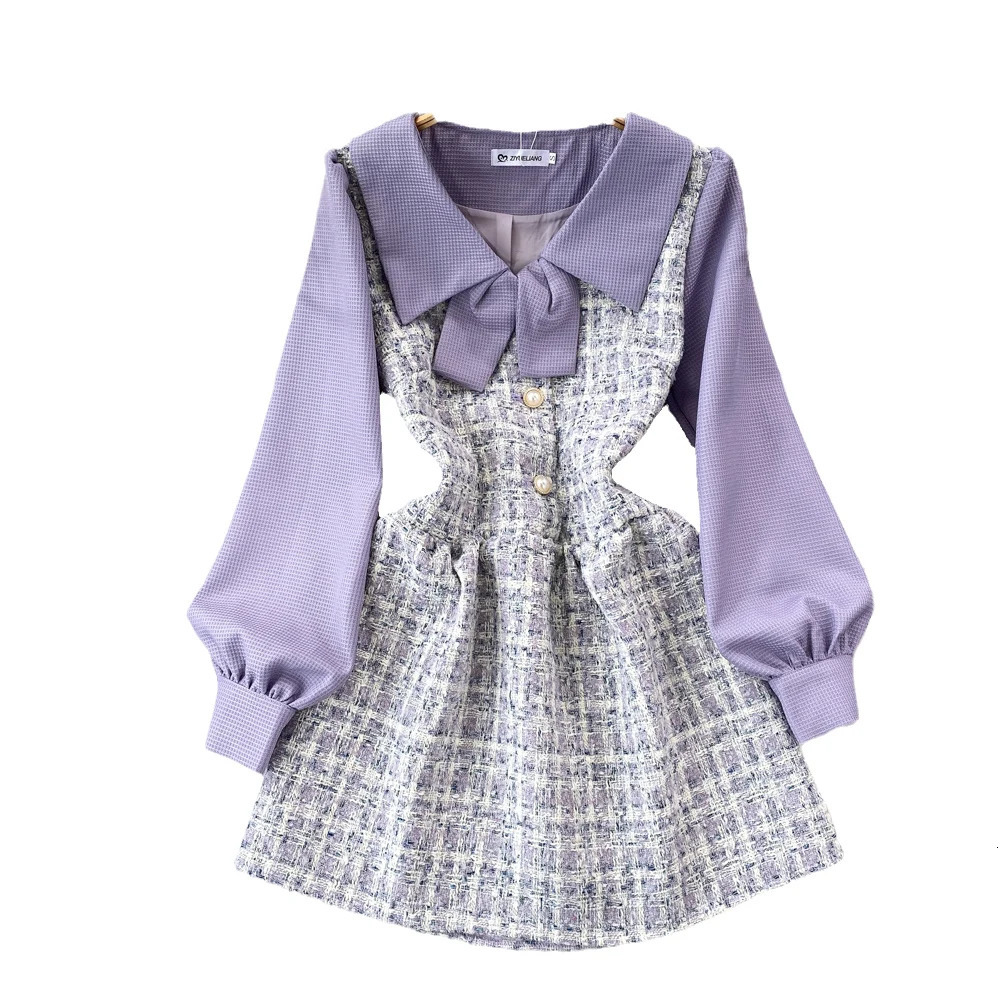 False Two Pieces Dresses for Women Peter Pan Collar Plaid Patchwork Long Sleeve Tweed Vestidos Autumn Female Dress Drop 240529